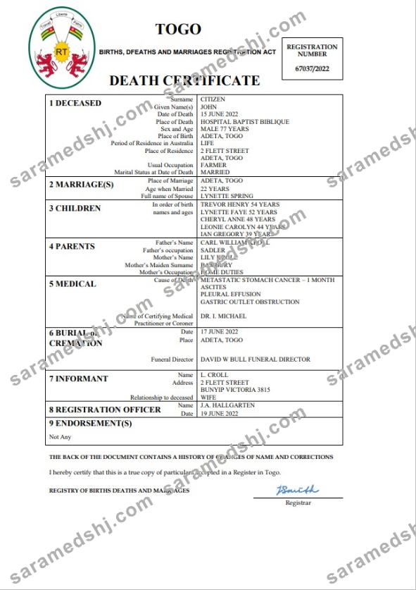 Togo vital record death certificate Word and PDF template